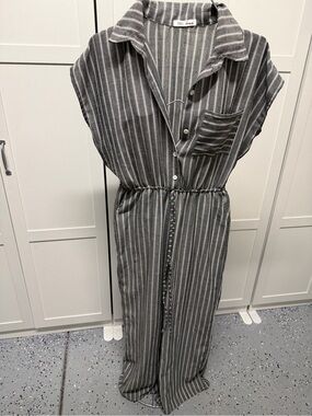 Striped Gray Button-Front Jumpsuit with Drawstring Waist